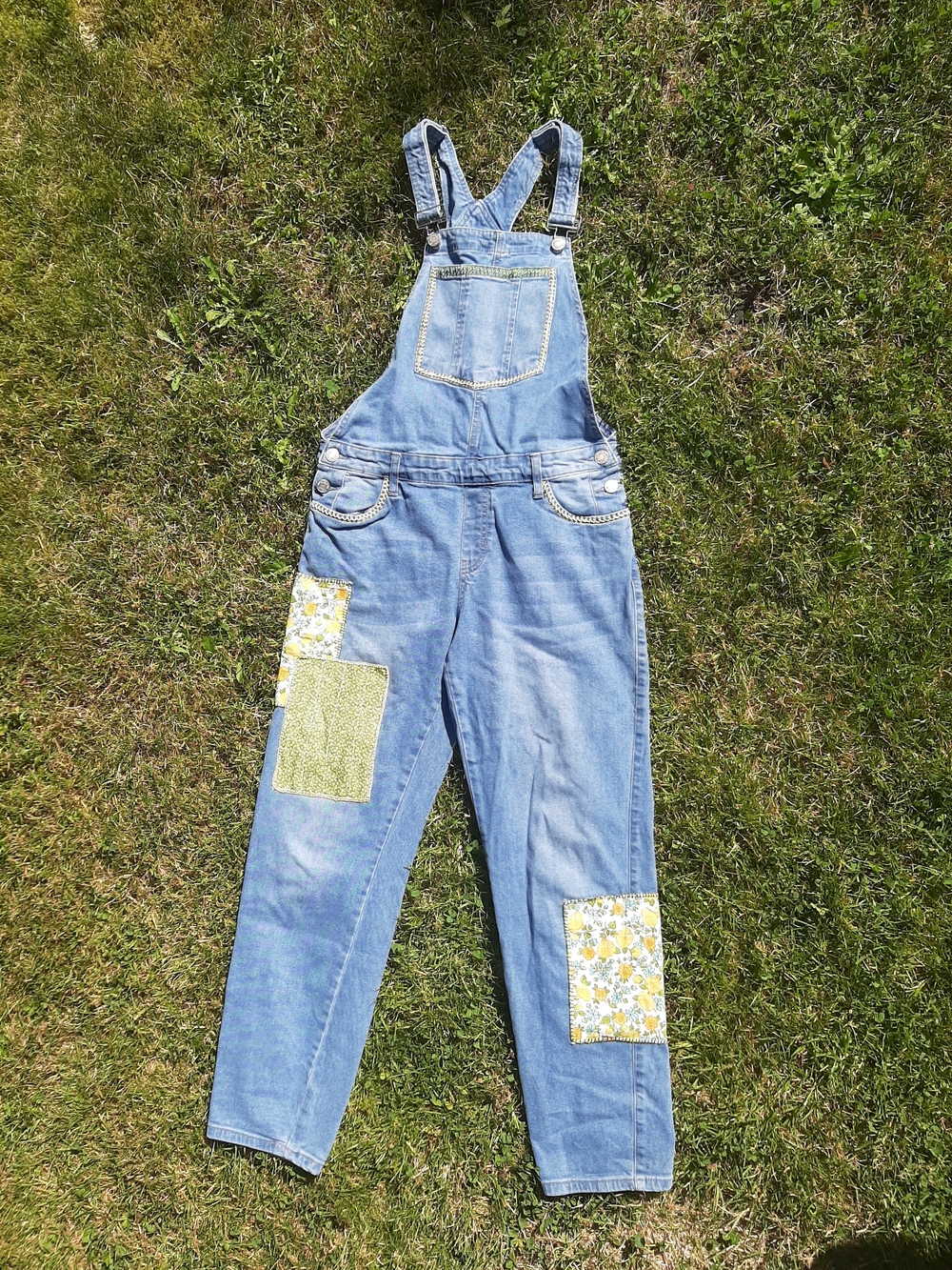 Denim Overalls With Floral Patches And Embroidery